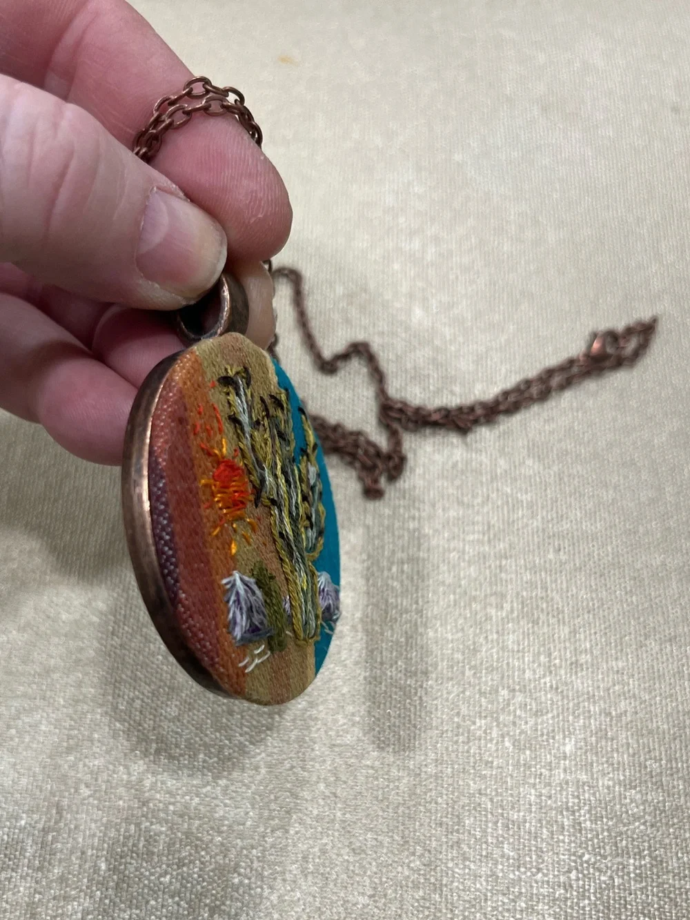 Hand-Embroidered Desert Cactus Pendant Necklace - Multicolor